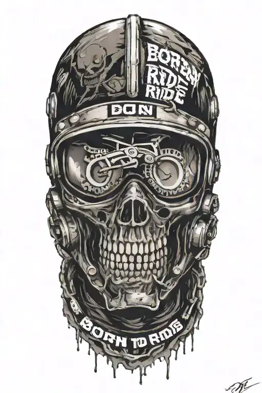 "Born To Ride" texi in horror style, under head of motocross helmet with gun poined to it and below dirt bike tire mark tattoo design idea
