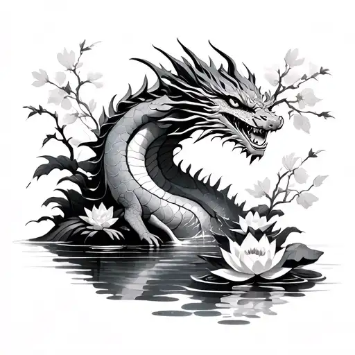 dragon with cherry blossoms and a water feature with lotus flowers  tattoo design idea