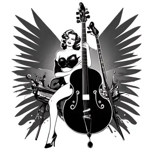 pin-up with rockabilly double bass guitar surrounded old school tattoo design idea