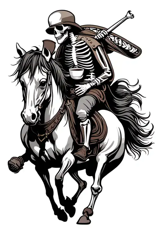 Skeleton Riding a horse whilst drinking coffee tattoo design idea
