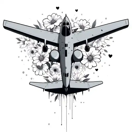 B2 bomber plane with flowers and hearts surrounded tattoo design idea