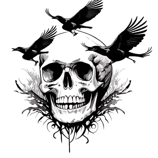 skull with 2 birds flying around (tattoo medium size not realistic style) and the skull is facing forward tattoo design idea