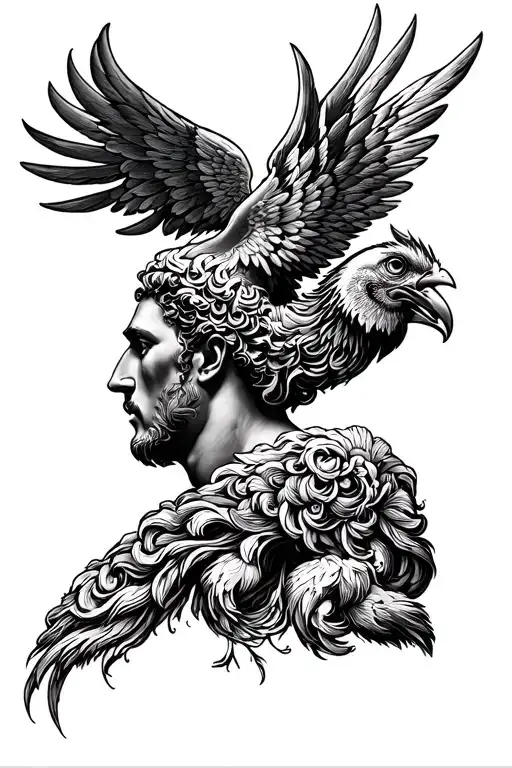 Looks like a Greek god. A little dark looking tattoo with a human head, chicken head and wings on the body. tattoo design idea