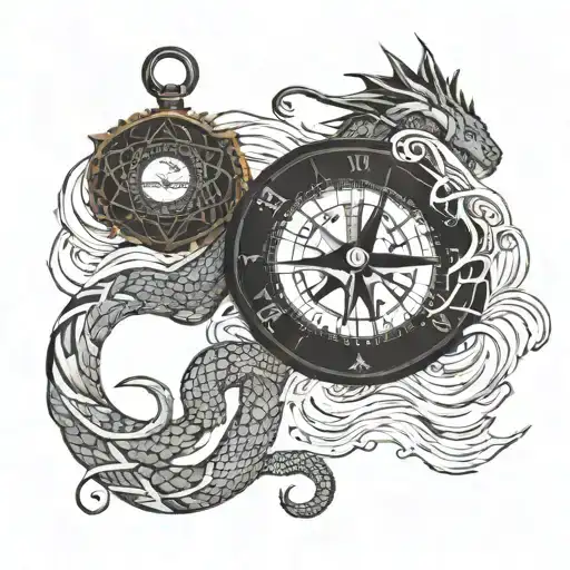 A sea serpent made of muscles, wrapping around a compass  tattoo design idea
