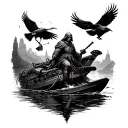 Charon crossing the River Styx + military gear integrated + ravens circling above tattoo design idea