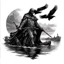 Charon crossing the River Styx + military gear integrated + ravens circling above tattoo design idea