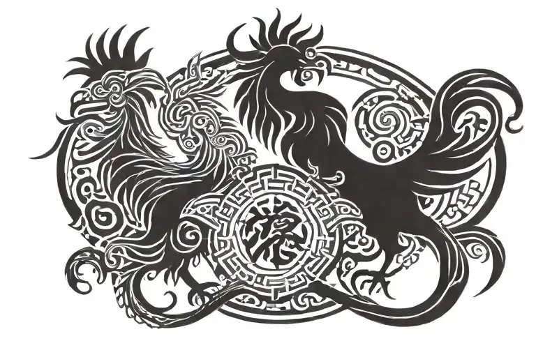 chinese zodiac dragon and rooster intertwined  tattoo design idea