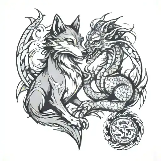 wolf and dragon in love tattoo design idea