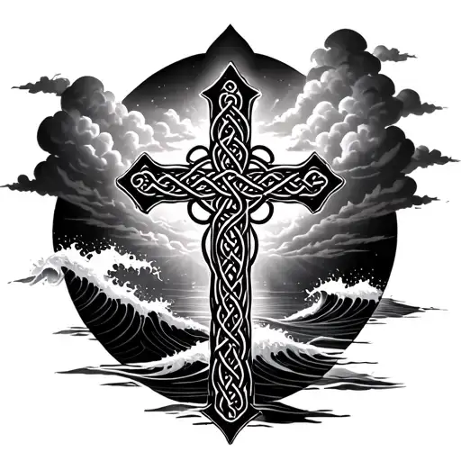 Celtic cross, cardinal, waves crashing in the background, heaven, clouds, catholic tattoo design idea