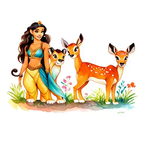a Pocahontas, Simba and Bambi, A Disney-themed, adventure tattoo design idea
