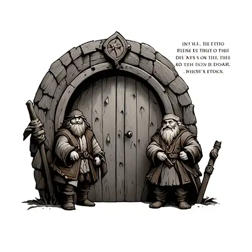 That'll be the door text with the inside view of a hobbit door and dwarves on one side bilbo on the other tattoo design idea
