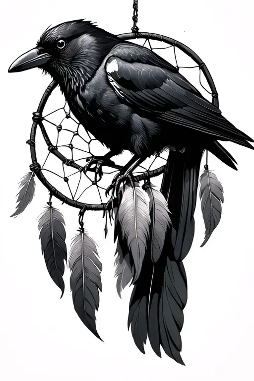 crow perched on top of a tattered and torn dream catcher looking down tattoo design idea