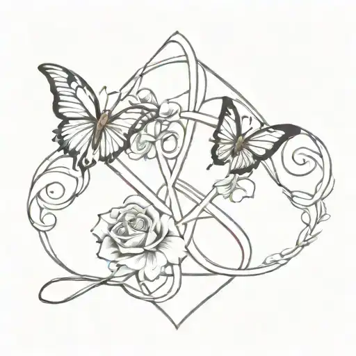 trinity knot with butterfly's and roses intertwined but one of the lines says the letters unbreakable  tattoo design idea