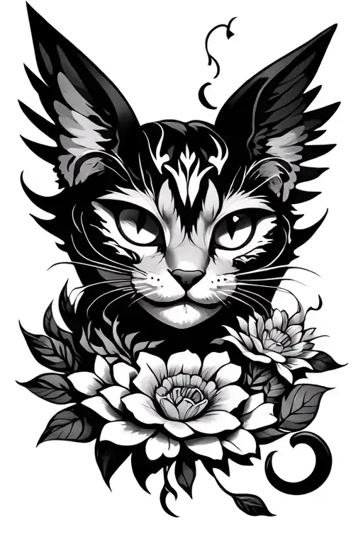 Cheshire's cat and angels and flowers and tribal tattoo design idea