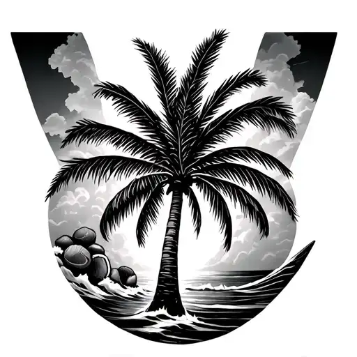 Palm Tree, Wave, Surfboard, forming a W with Coconuts on the tree forming a B tattoo design idea