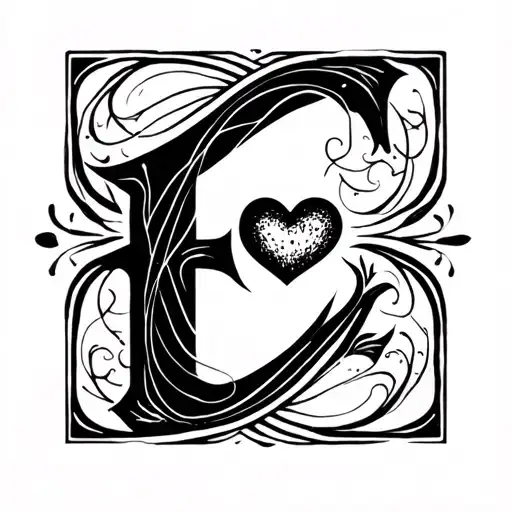 Minimalist tattoo design of a delicate letter 'E' integrated with a small heart, fine line style, black ink, elegant and tattoo design idea