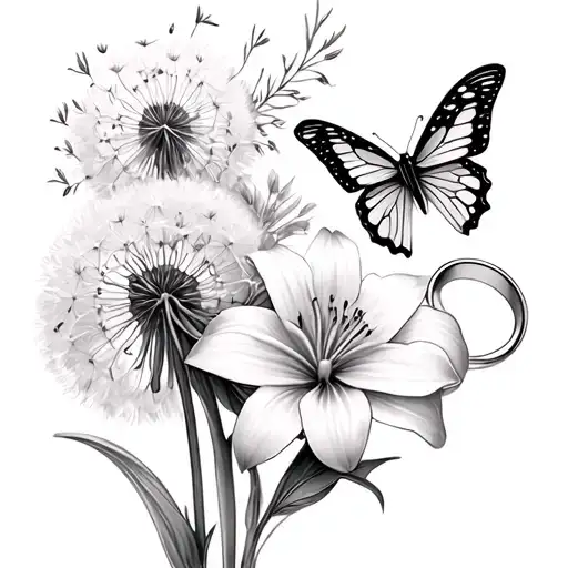 Lilies, butterflies, fairy, dandelion, rings, date tattoo design idea
