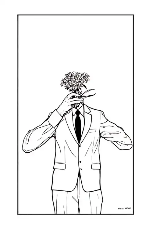 man holding flowers in his mouth, top of his body only with a suit on arms out to the side, fine line black and white  tattoo design idea