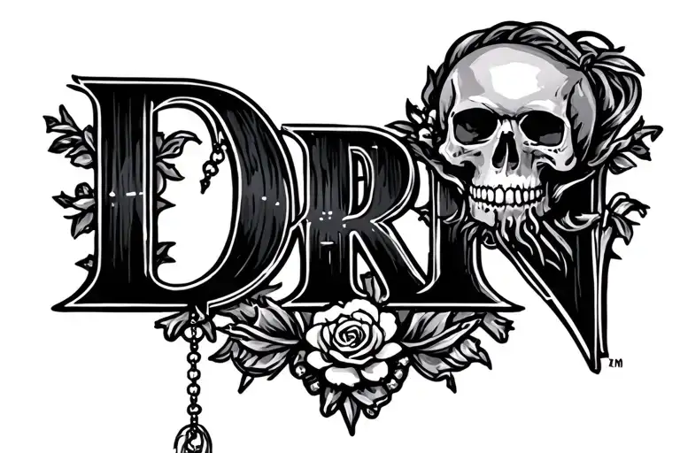 "DRN" skull and rosary  tattoo design idea