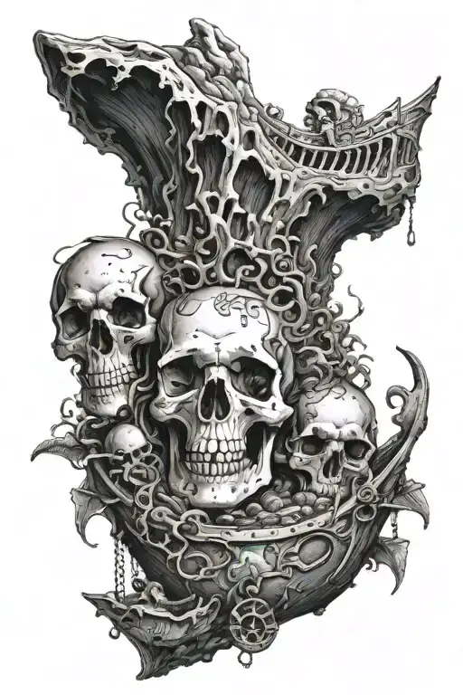 Underwater cave in the shape of a skull with the Kraken emerging from it, sunken pirate ship and treasure on the seafloo tattoo design idea