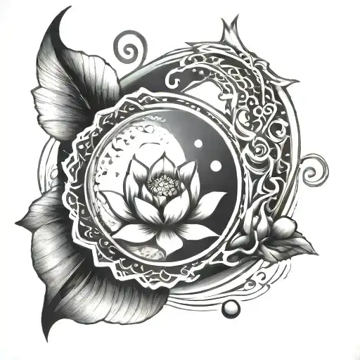 Moon cycle with lotus flower and yin yang sign along with phoenix tattoo design idea