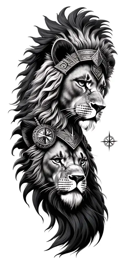 lion and African Warrior and compass surrounded tattoo design idea