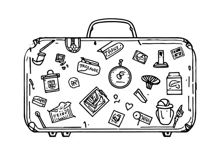 suitcase covered in travel stickers tattoo design idea