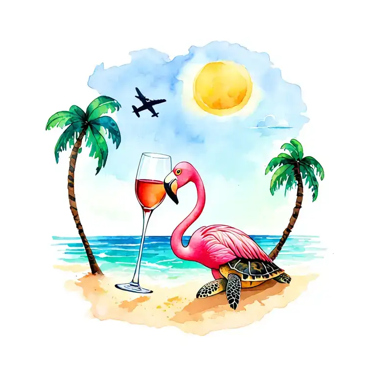 flamingo with sea turtle on beach with glass of wine with palm trees. sun n plane flying over head  tattoo design idea