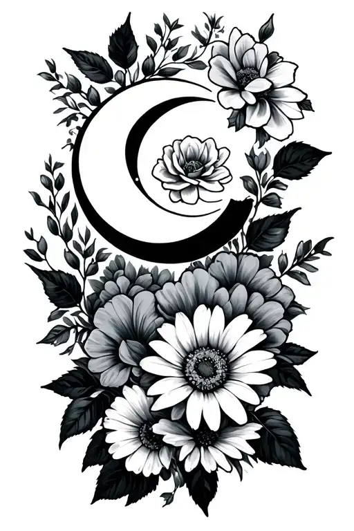 rose, honeysuckle, daisy, sweet pea, lily, waxing crescent moon and waxing gibbous forearm tattoo  tattoo design idea