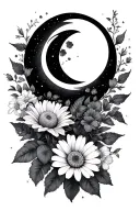 rose, honeysuckle, daisy, sweet pea, lily, waxing crescent moon and waxing gibbous forearm tattoo  tattoo design idea