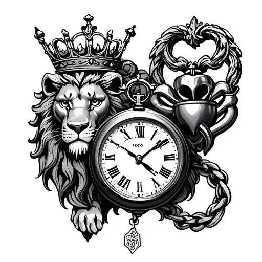 lion and Claddagh crown and amulet and stopwatch  tattoo design idea