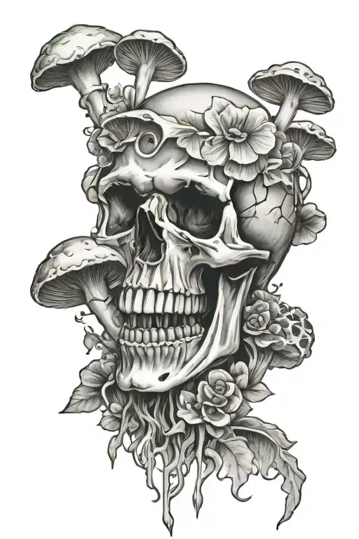 skull and mushrooms  tattoo design idea