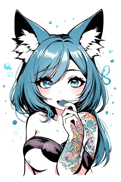 Girl with big breasts, with fox ears licks sperm tattoo design idea