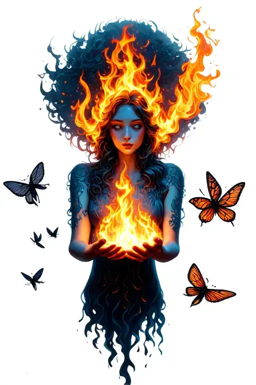 feminine figure holding glowing flame in her palms, surrounded by tiny moths and protective shadows — not afraid of fire tattoo design idea