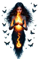 feminine figure holding glowing flame in her palms, surrounded by tiny moths and protective shadows — not afraid of fire tattoo design idea