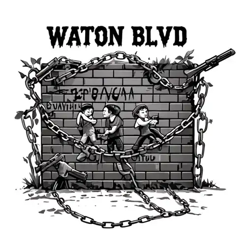a brick wall with vines and chains that's says Watson Blvd and has kids playing with guns writing on the wall tattoo design idea