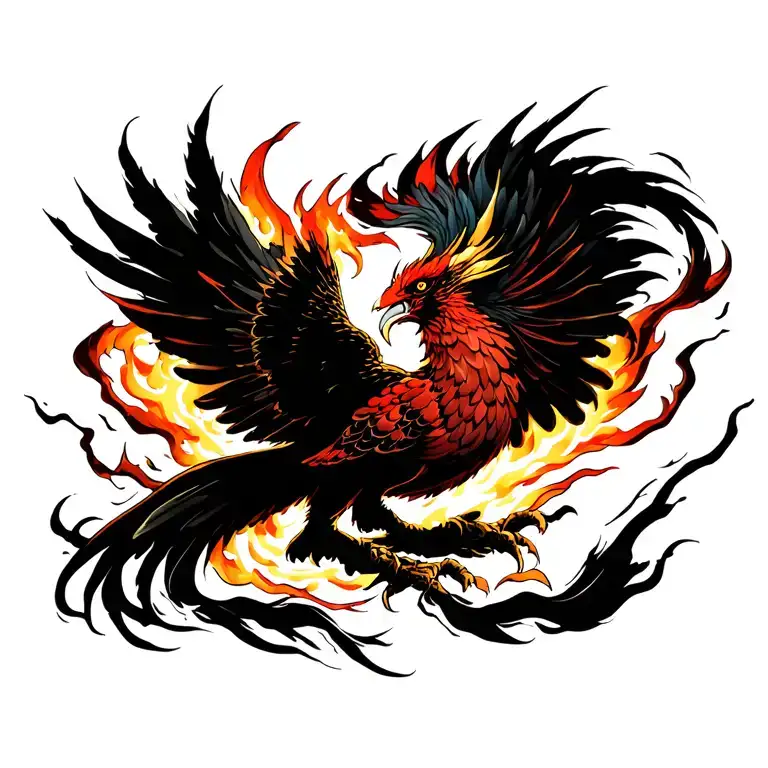 Neo Japanese phoenix, angry, explosive fire, dramatic lighting, full back tattoo, storm, wind, small sacred charm symbol tattoo design idea