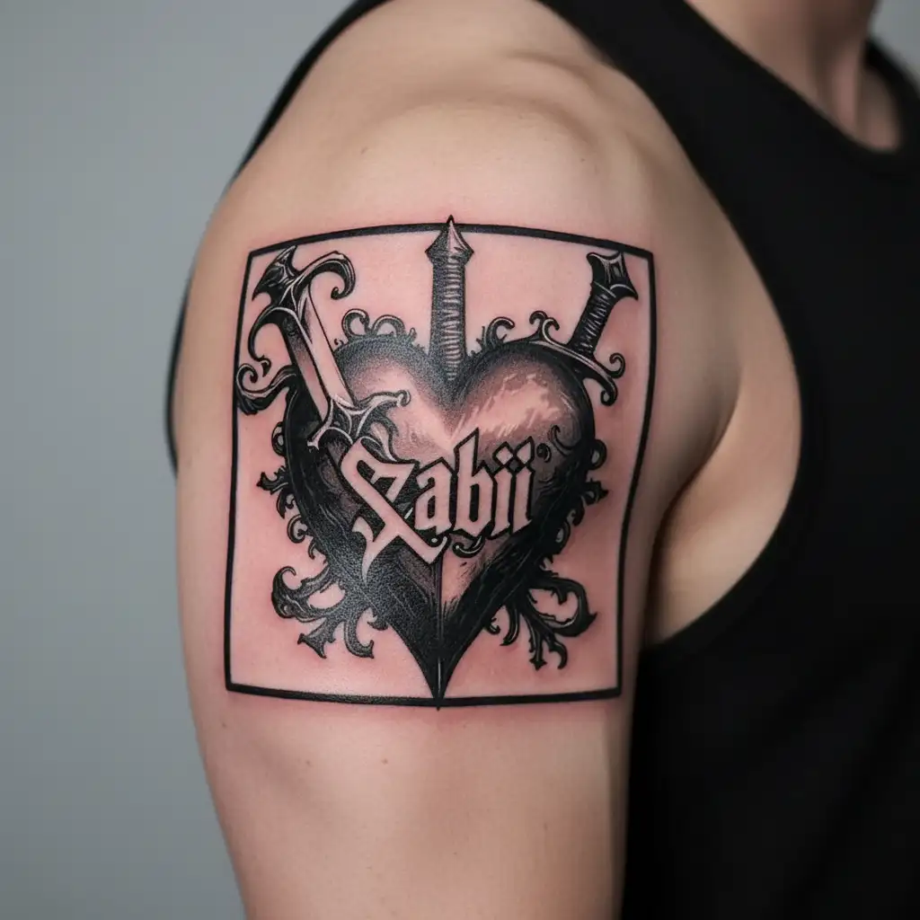 "Szabi" in the middle as text, and has a hearth with a sword piercing it in stencil style tattoo design idea