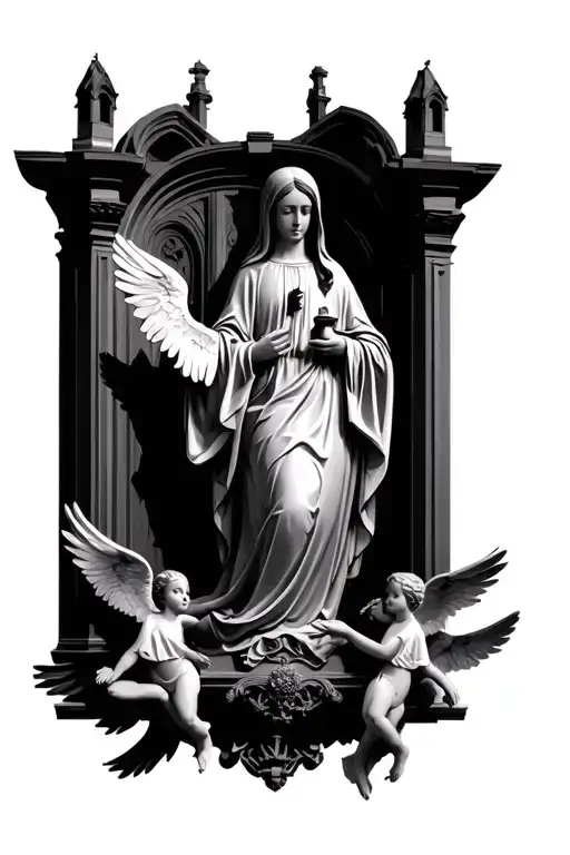 virgin mary with angels and gothic church tattoo design idea