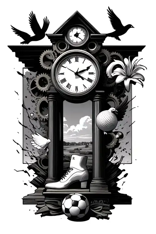 penshaw monument, steel beam smashing clock and cogs, cricket ball, lily, 4 doves, football boot, angel wings, 1973 tattoo design idea