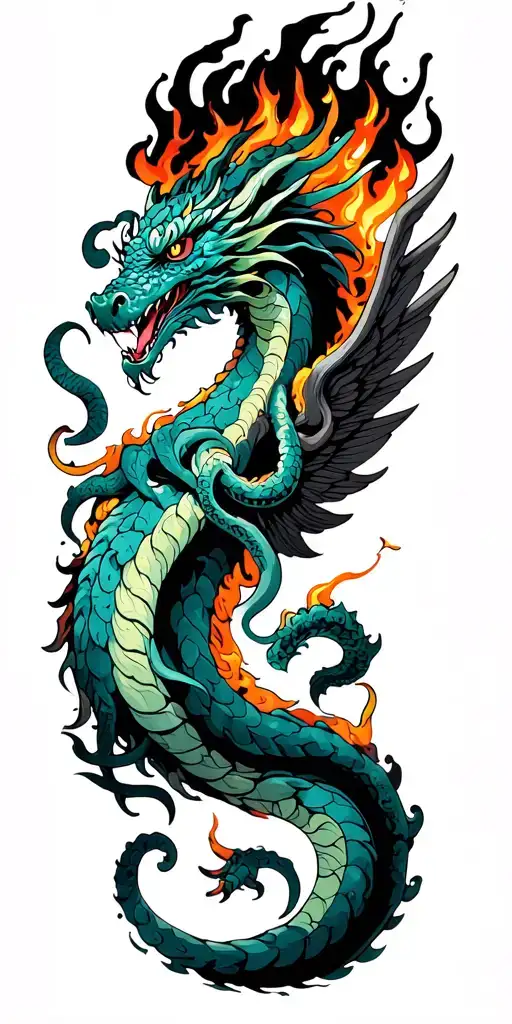 “Full arm tattoo design of a Cthulhu-headed Japanese dragon wrapping around the arm, with wings and tentacles.ocean fire tattoo design idea