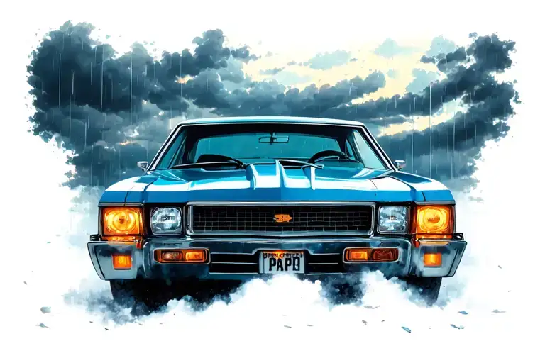 surreal street scene a 1973Nova cruising under a stormy sky, headlights glowing, with “PAPA” subtly visible on the plate tattoo design idea