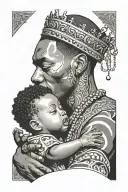 A young black African-American male wearing a diamond crown and jewelry holding a baby girl looking down crying tattoo design idea