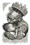 A young black African-American male wearing a diamond crown and jewelry holding a baby girl looking down crying tattoo design idea