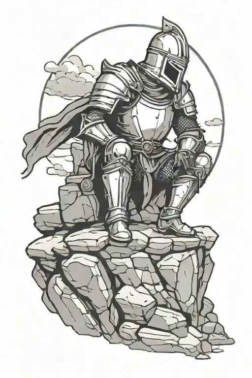 A knight is sitting on top of rocks. The rocks are in front of a caslte. The knight is asleep and is holding a lantern tattoo design idea