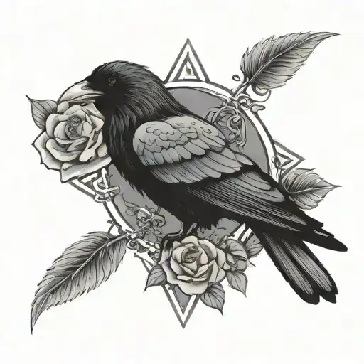 wiccan pentagram raven with roses wrapped tattoo design idea