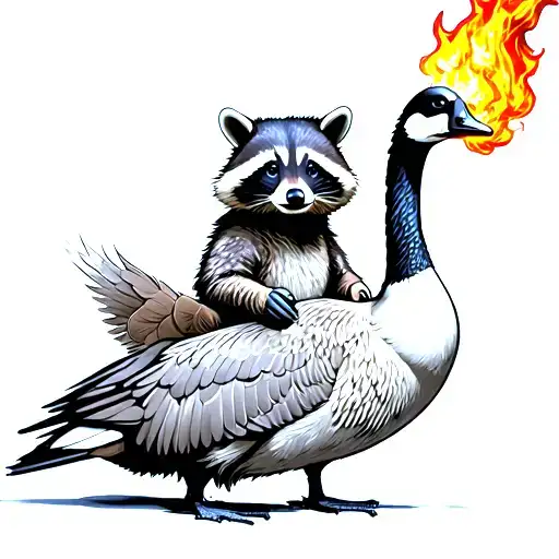 raccoon riding a Canadian goose, holding a flaming Molotov cocktail tattoo design idea