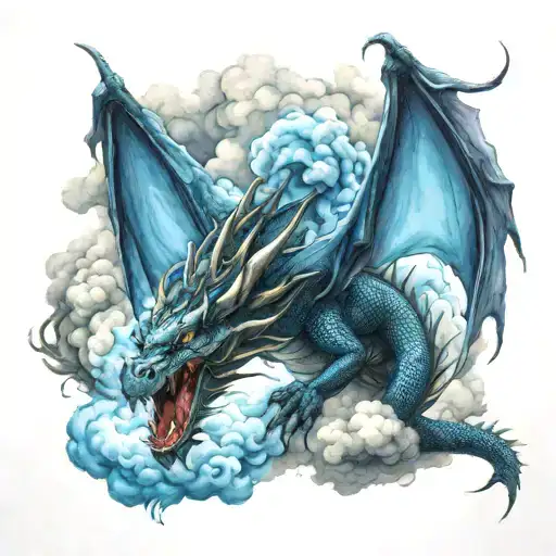 dragon with blue clouds floating tattoo design idea