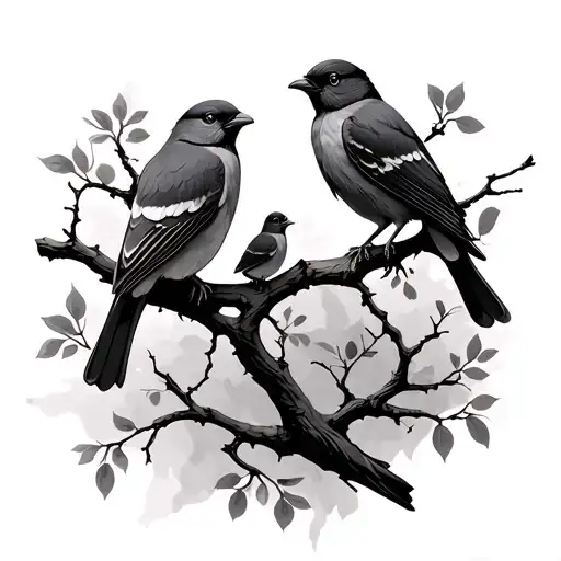 tree branches with 3 birds sitting on one branch,1 bird sitting on a second branch,and one more bird on a third branch.  tattoo design idea