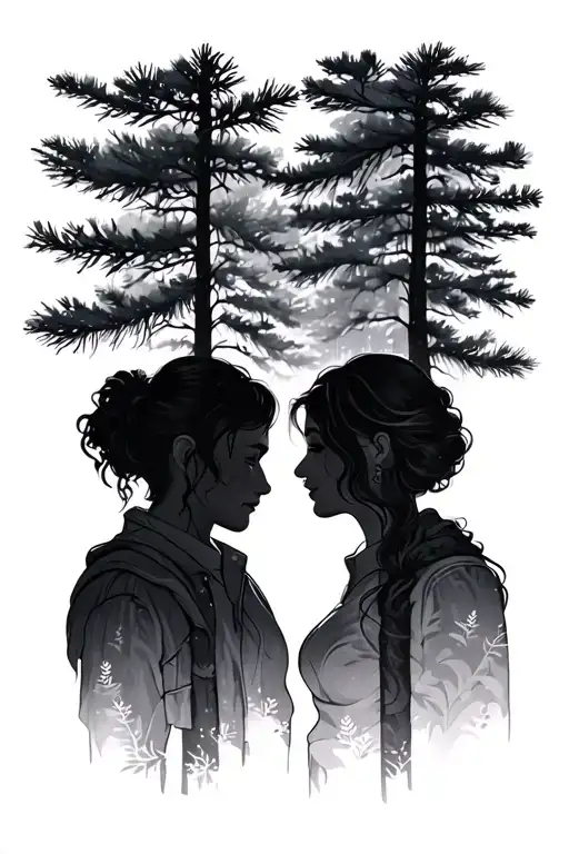 pine forest background, behind couple silhouette tattoo design idea